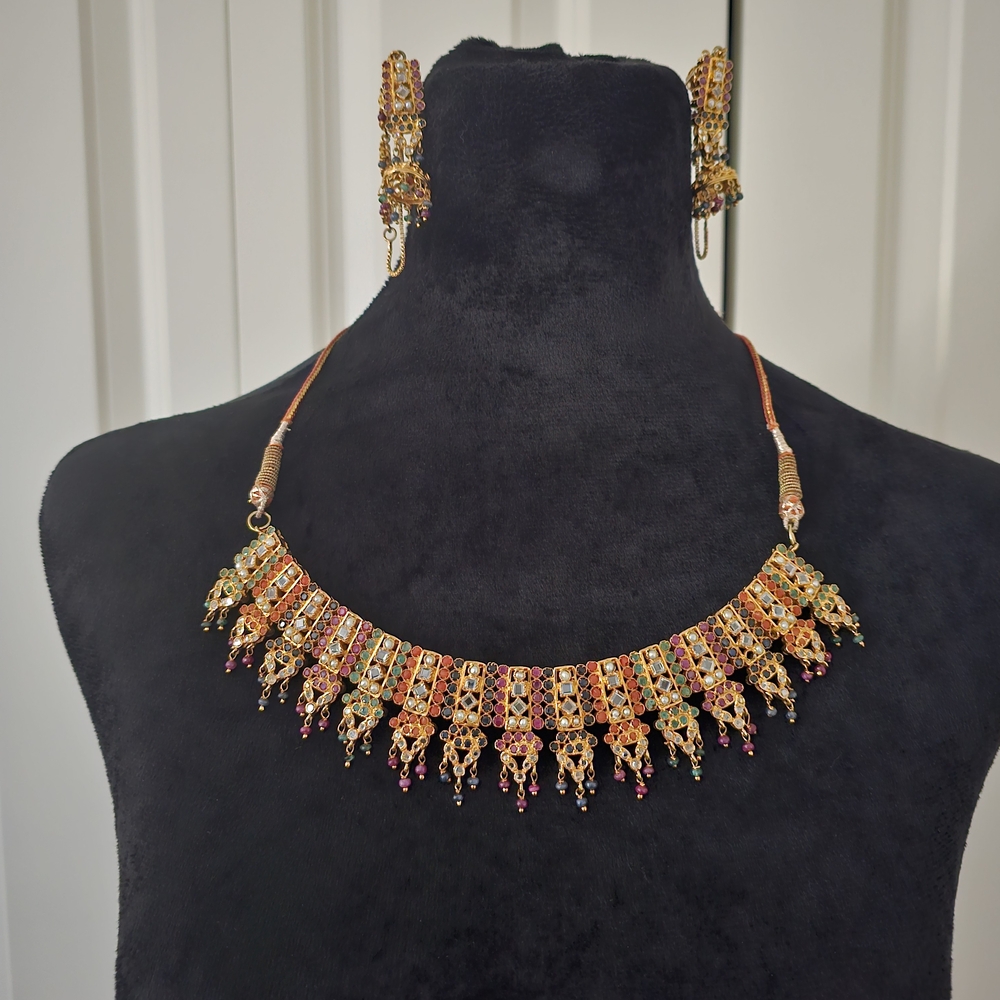 Indian Necklace Gold & Multi Colored Stone Gold Plated Necklace and Earring Set